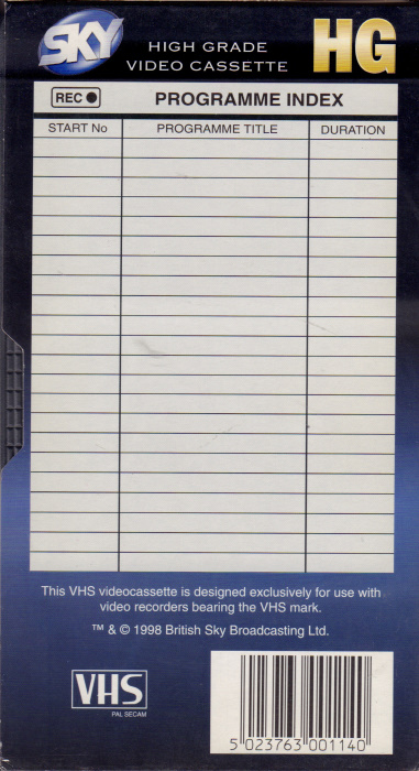 VHS, Video Home System Sky HG 180 Type I Normal 1998 UK