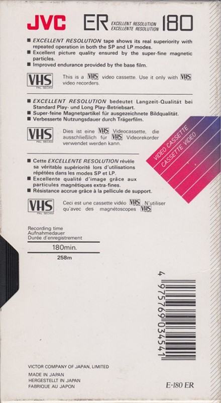 VHS, Video Home System JVC ER 180 Type I Normal 1989 Europe