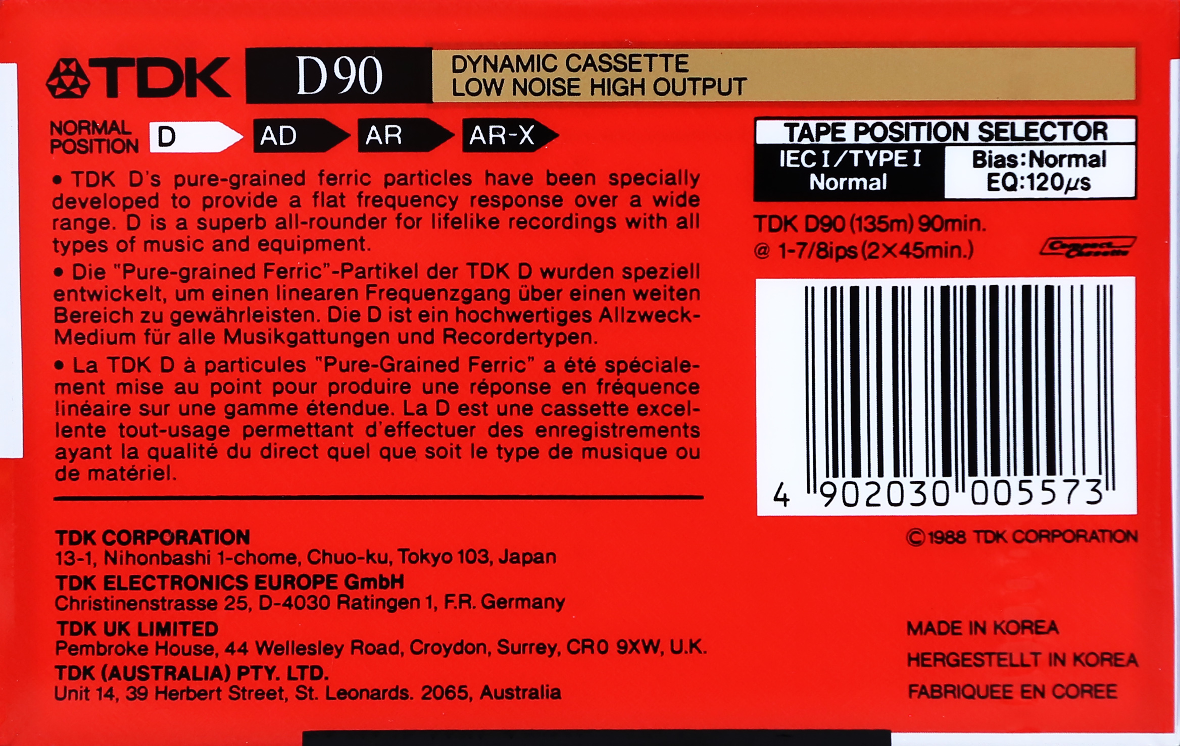 Compact Cassette TDK D 90 Type I Normal 1988 Australia, Europe
