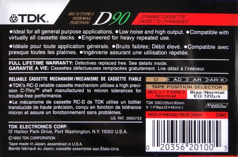 Compact Cassette TDK D 90 Type I Normal 1990 North America