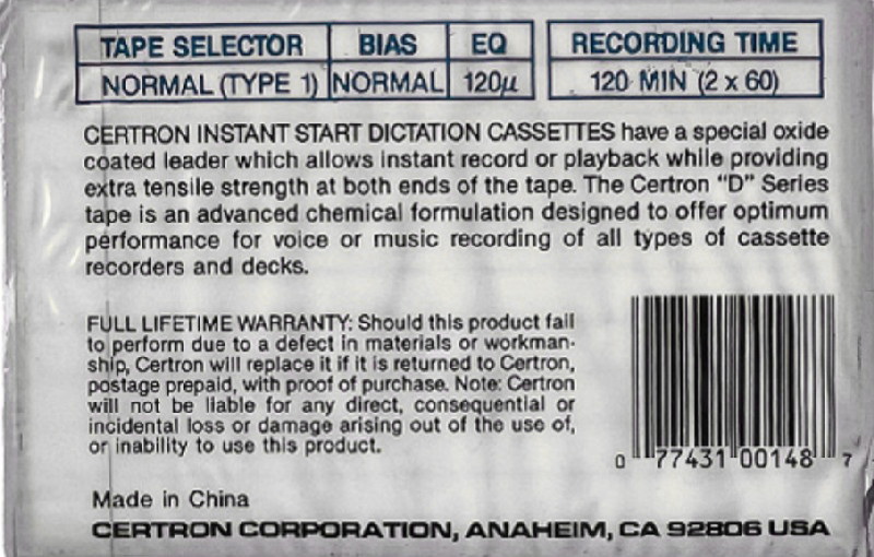 Compact Cassette Certron 120 Dictating Cassette 1976 USA