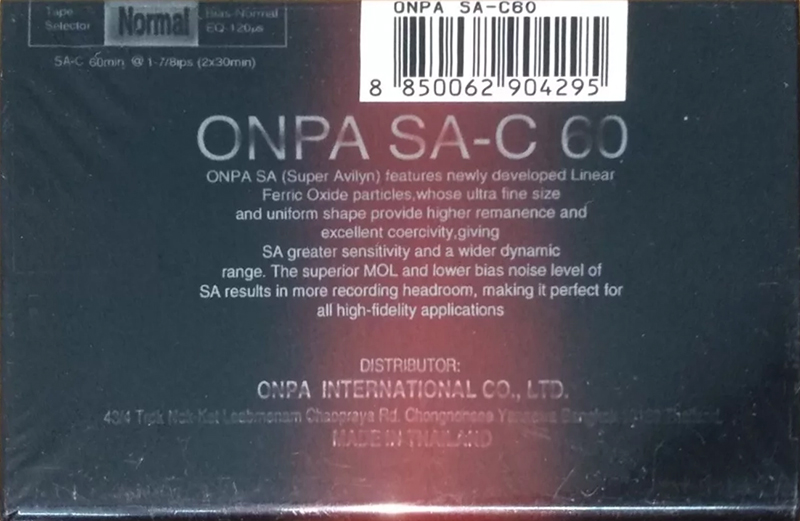 Compact Cassette ONPA SA 60 Type I Normal 1990 Thailand