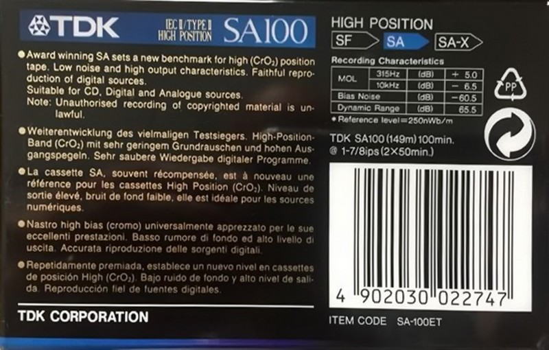 Compact Cassette TDK SA 100 "SA-100ET" Type II Chrome 1992 Europe