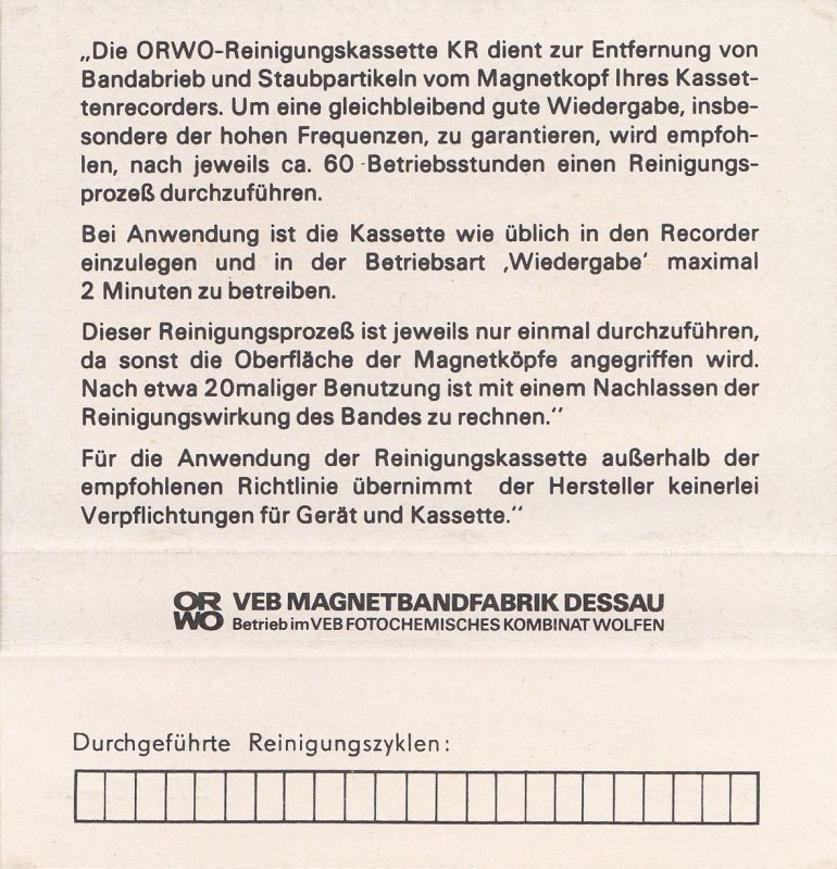 Compact Cassette ORWO Cleaning Cassette 1977 East Germany
