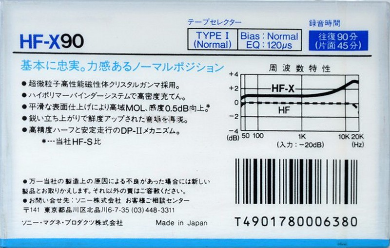 Compact Cassette Sony HF-X 90 Type I Normal 1986 Japan
