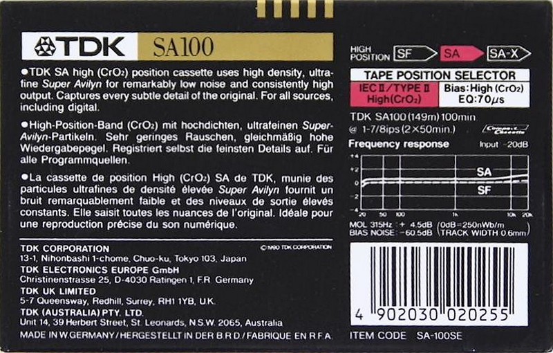 Compact Cassette TDK SA 100 "SA-100SE" Type II Chrome 1990 Australia, Europe