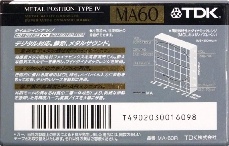 Compact Cassette TDK MA 60 "MA-60R" Type IV Metal 1992 Japan