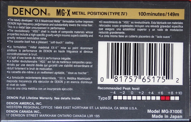 Compact Cassette Denon MG-X 100 "MG-X100E" Type IV Metal 1991 North America