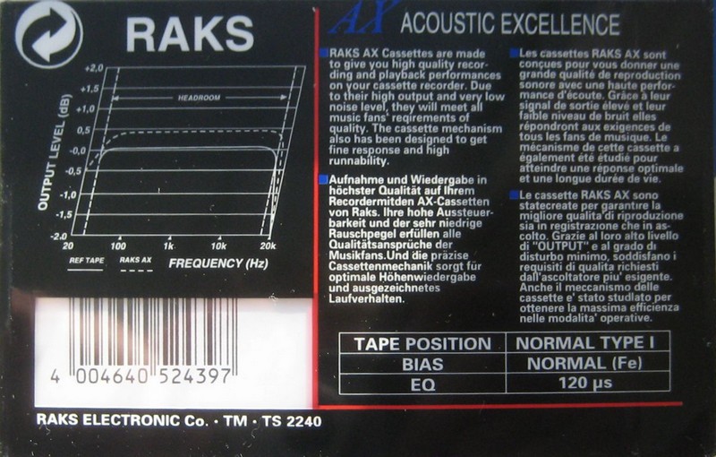 Compact Cassette RAKS AX 90 Type I Normal 1993 Europe