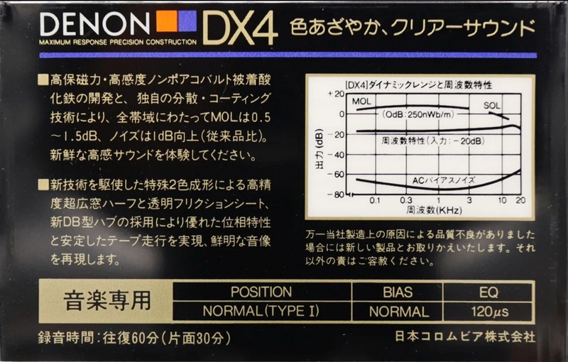Compact Cassette Denon DX4 60 Type I Normal 1985 Japan