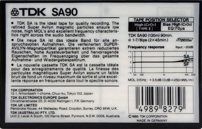 Compact Cassette TDK SA 90 Type II Chrome 1986 Australia, Europe