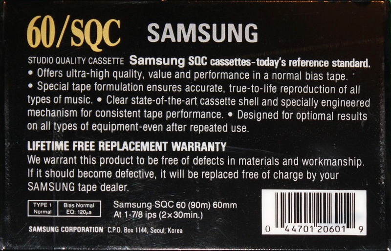 Compact Cassette Samsung SQC 60 Type I Normal 1995 North America