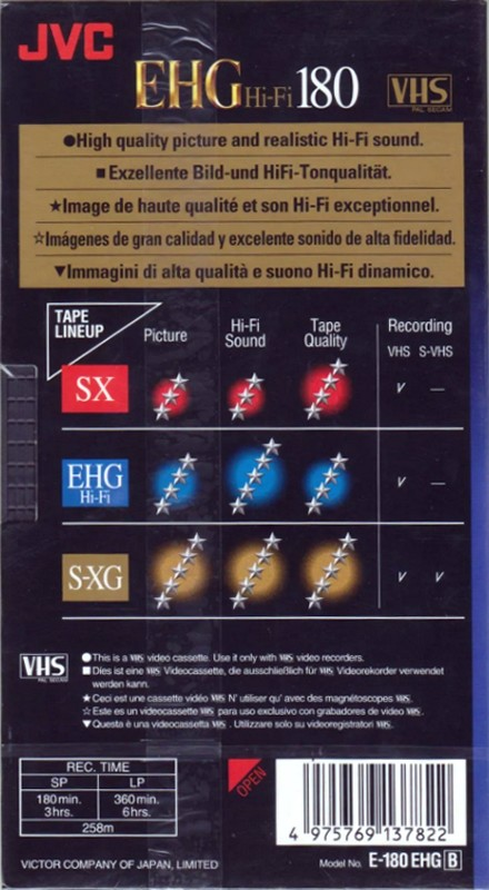 VHS, Video Home System JVC EHG 180 "E-180 EHG B" Type I Normal 2002 Europe