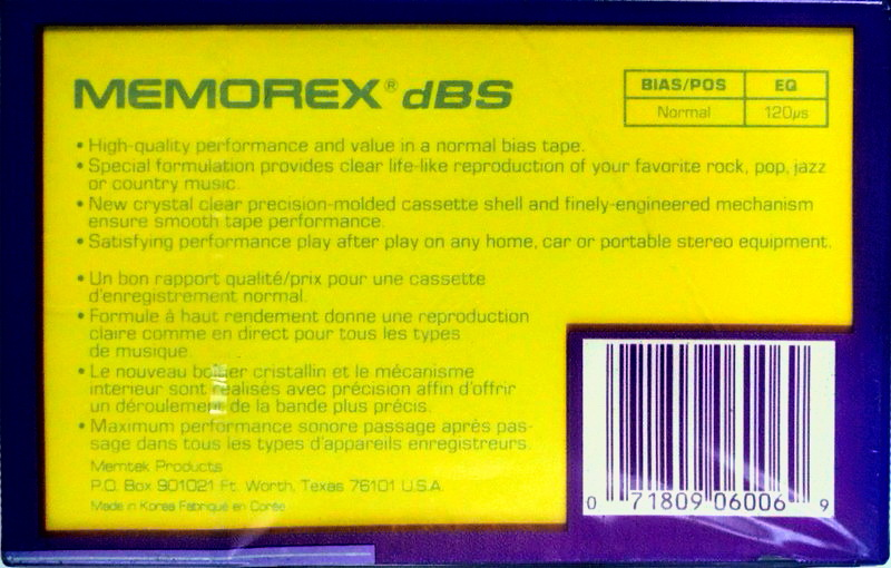 Compact Cassette Memorex dBS 110 Type I Normal 1989 North America