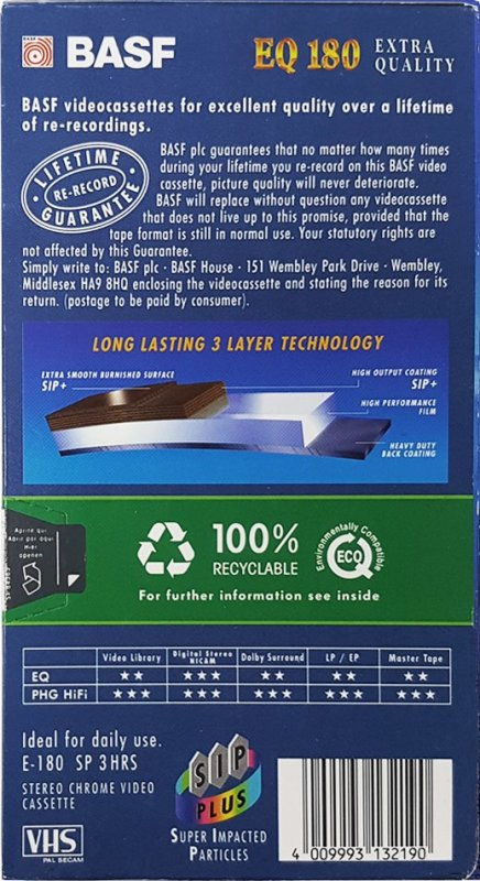 VHS, Video Home System BASF Extra Quality 180 Type II Chrome 1996 Europe