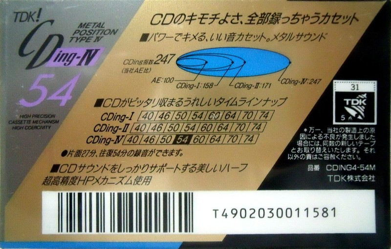 Compact Cassette TDK CDing Metal 54 &quot;CDING4-54M&quot; Type IV Metal 1990 Japan