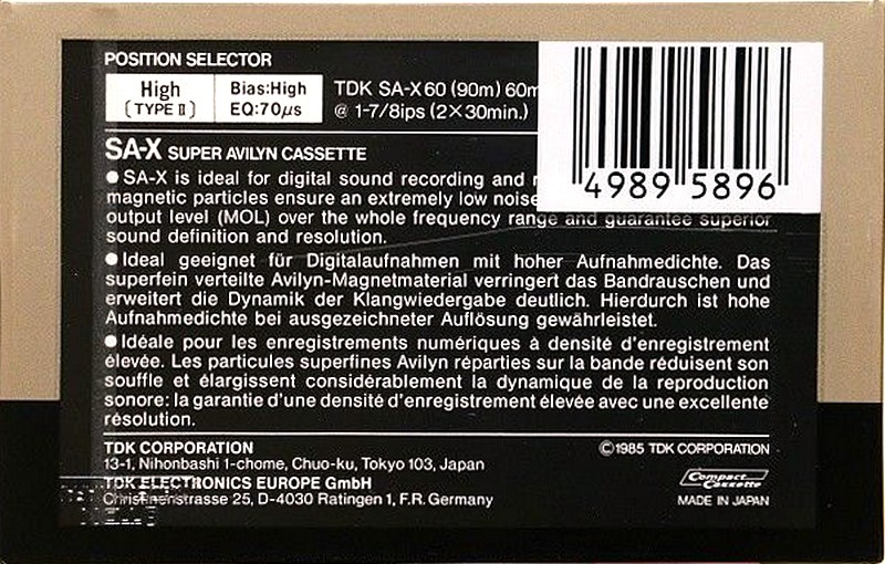 Compact Cassette TDK SA-X 60 Type II Chrome 1984 Europe