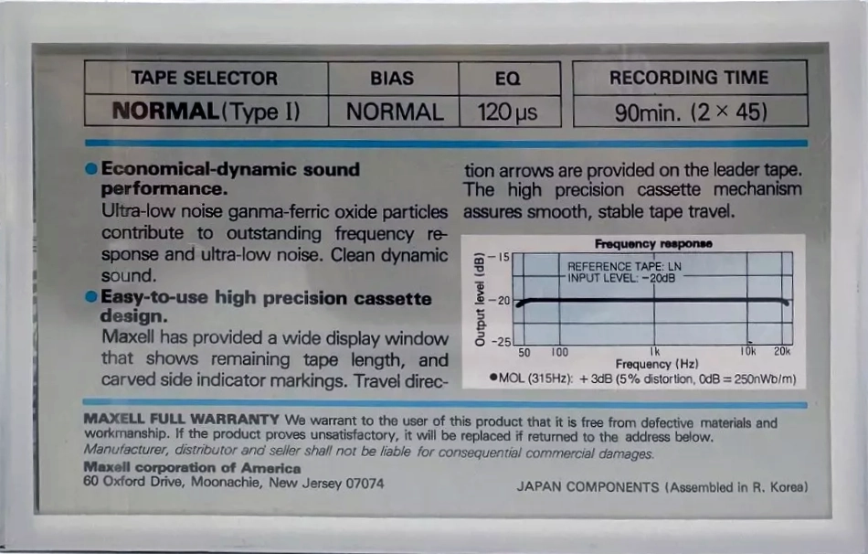 Compact Cassette Maxell LN 90 Type I Normal 1982 USA