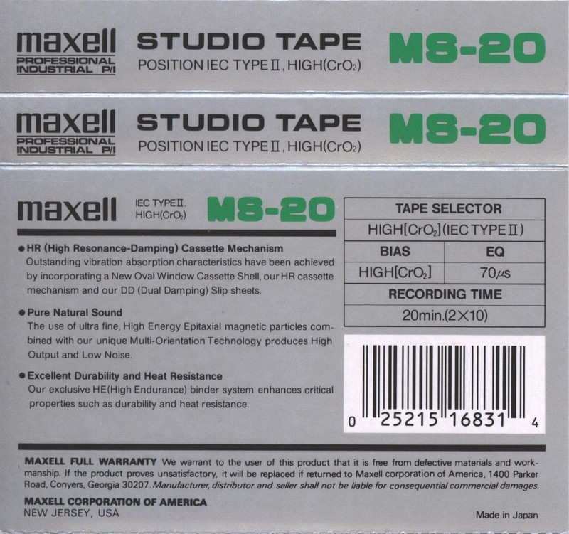 Compact Cassette Maxell Studio Tape MS 20 Type II Chrome 1997 USA