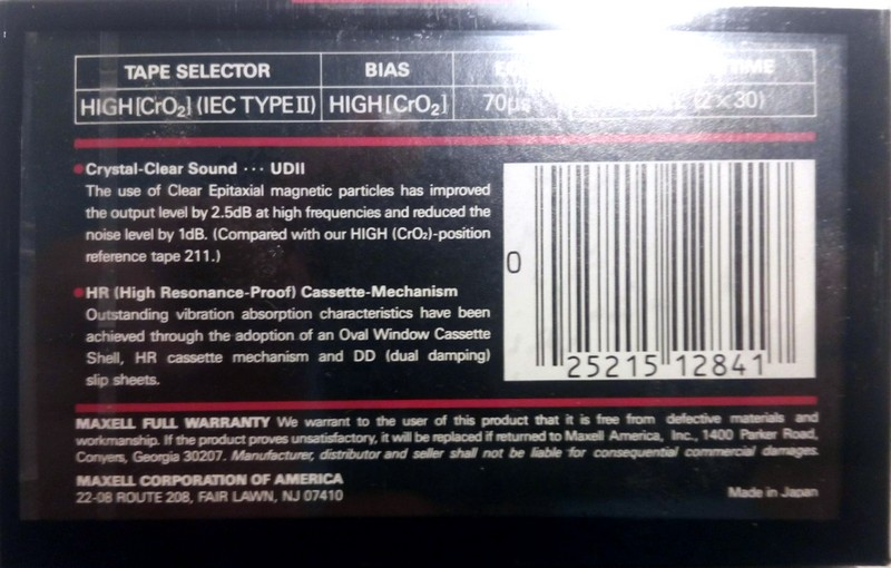 Compact Cassette Maxell UDII / UD2 60 Type II Chrome 1988 USA