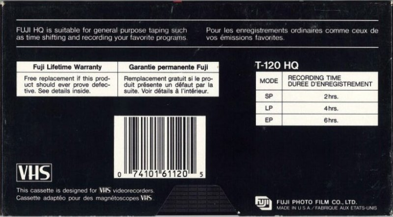 VHS, Video Home System Fuji HQ 120 "T-120HQ" Type I Normal Canada, USA