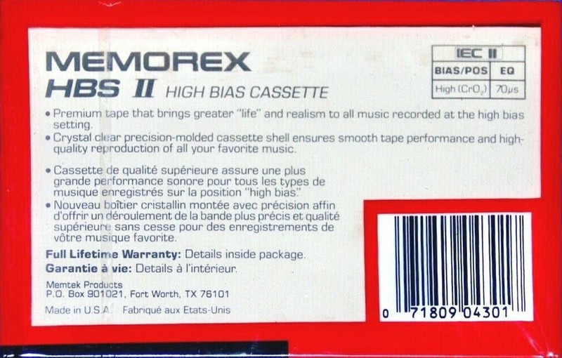 Compact Cassette Memorex HBS II 60 Type II Chrome 1989 North America