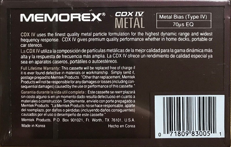 Compact Cassette Memorex CDX IV 90 Type IV Metal 1989 Canada, USA