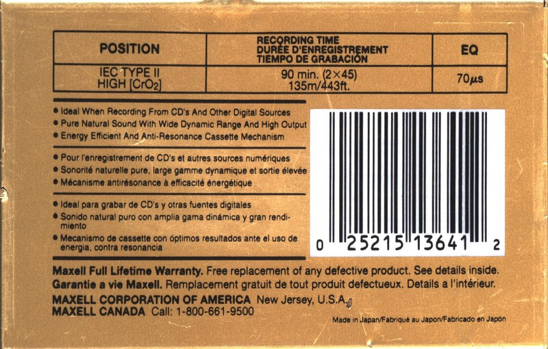 Compact Cassette Maxell XLII 90 Type II Chrome 1996 North America