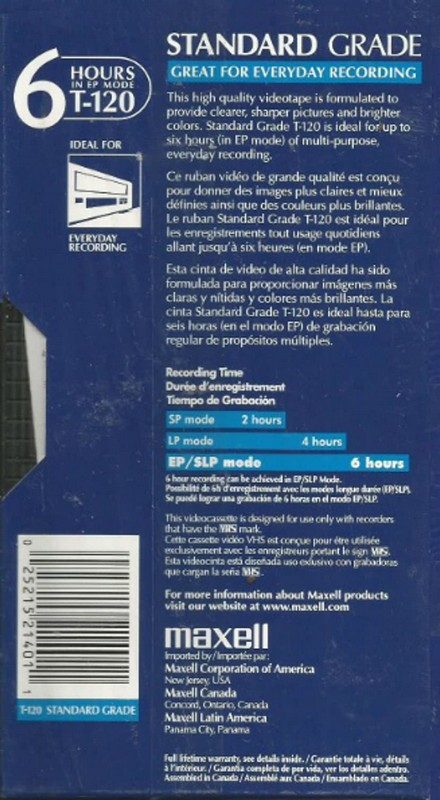 VHS, Video Home System Maxell Standard Grade 120 Type I Normal North America