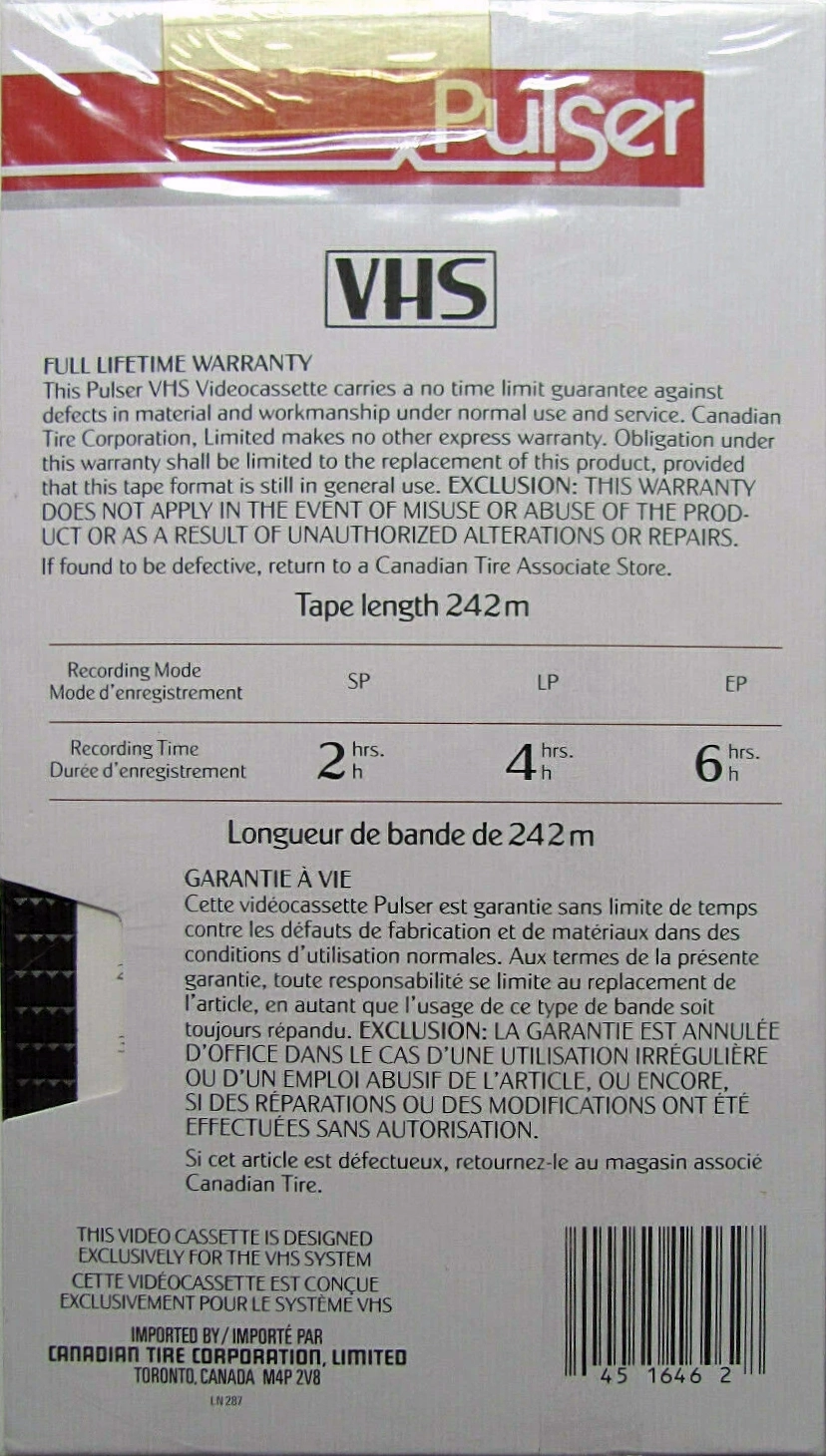 VHS, Video Home System Pulser 120 Type I Normal 1993 Canada