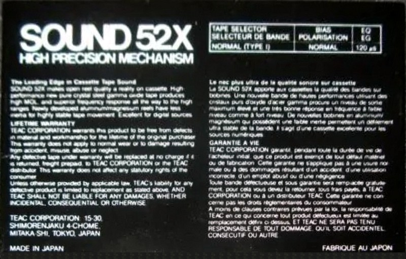 Compact Cassette Teac SOUND 52X 52 "52XBL" Type I Normal 1986 USA