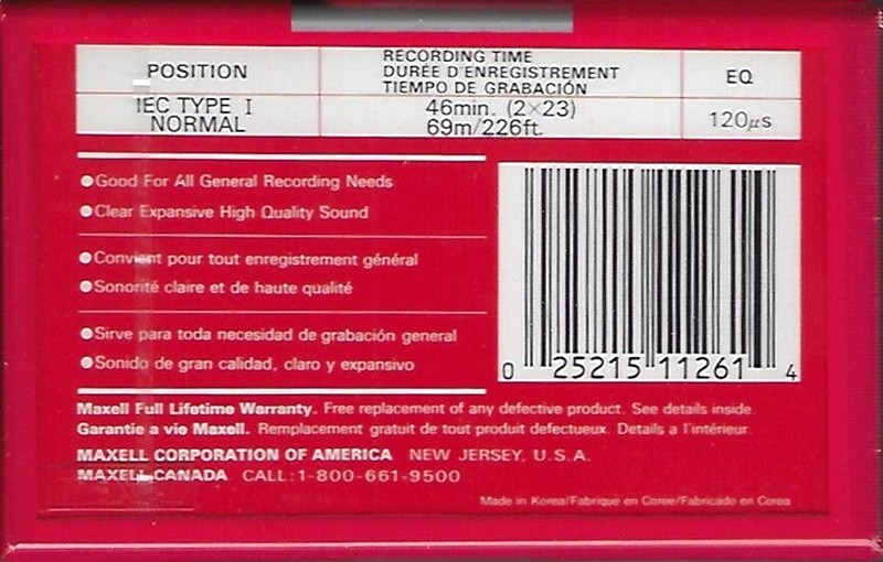 Compact Cassette Maxell UR 46 Type I Normal 1992 North America