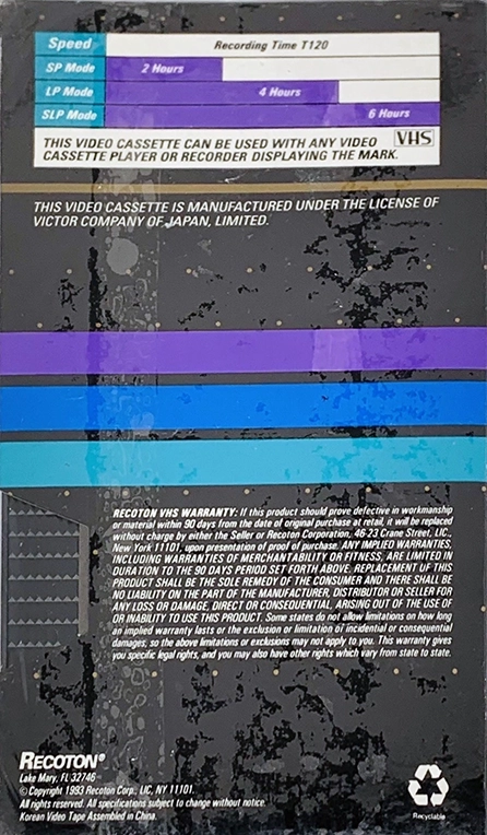 VHS, Video Home System Recoton 120 Type I Normal 1993 USA