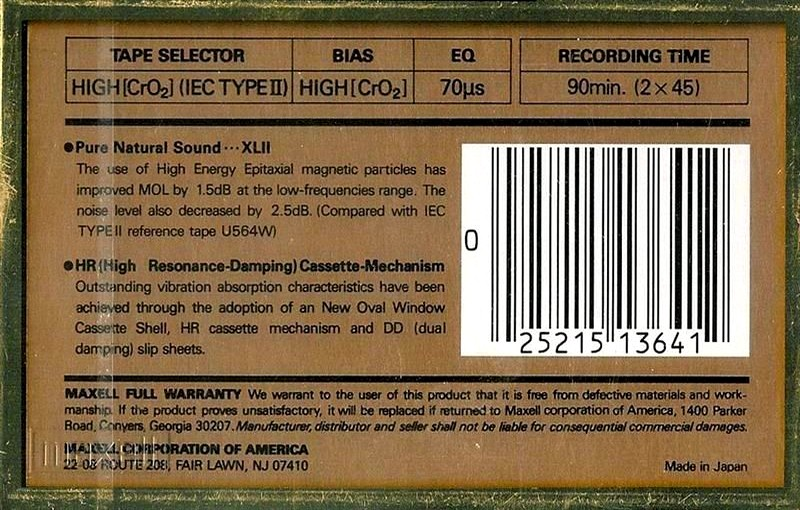 Compact Cassette Maxell XLII 90 Type II Chrome 1989 USA