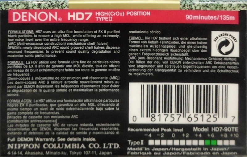 Compact Cassette Denon HD7 90 "HD7-90TE" Type II Chrome 1992 North America
