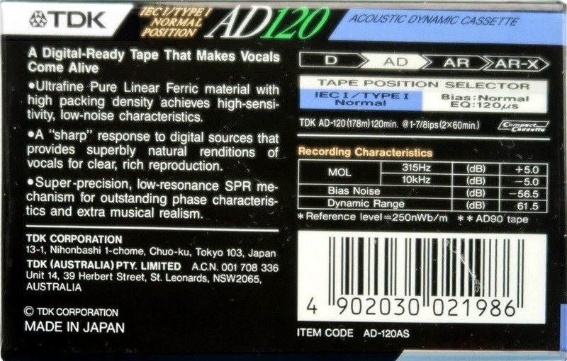 Compact Cassette TDK AD 120 "AD-120AS" Type I Normal 1990 Australia