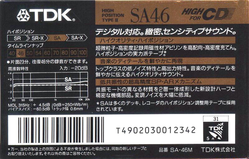 Compact Cassette TDK SA 46 "SA-46M" Type II Chrome 1990 Japan