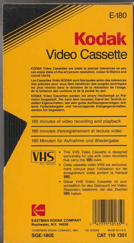 VHS, Video Home System Kodak HS 180 "SGE-180E" Type I Normal 1984 Europe