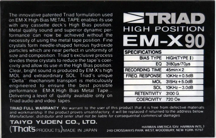 Compact Cassette Triad EM-X 90 Type II Chrome 1986 North America