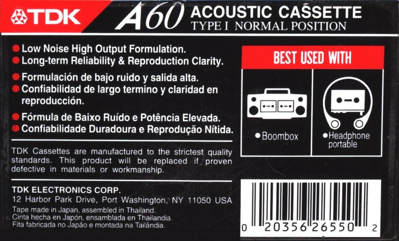 Compact Cassette TDK A 60 Type I Normal 1992 North America