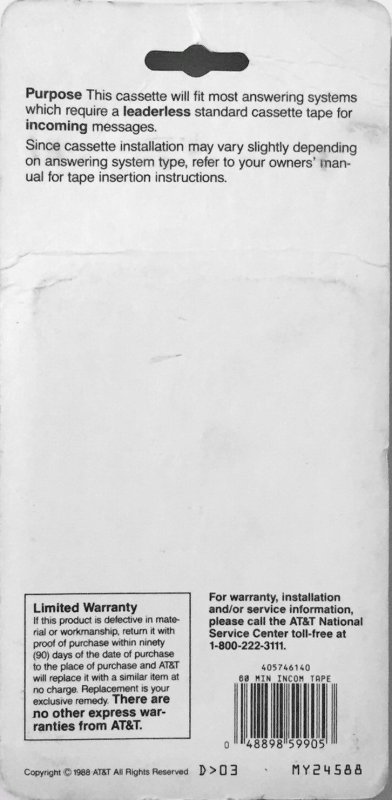 Blister AT&T 60 "Incoming Message Tape" Type I Normal 1988 USA