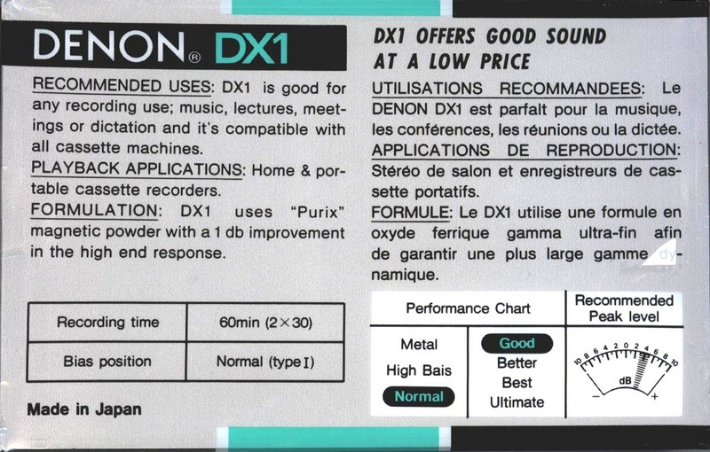 Compact Cassette Denon DX1 60 Type I Normal 1992 North America