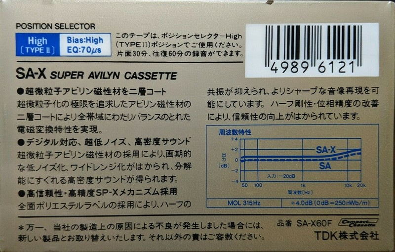 Compact Cassette TDK SA-X 60 "SA-X60F" Type II Chrome 1985 Japan