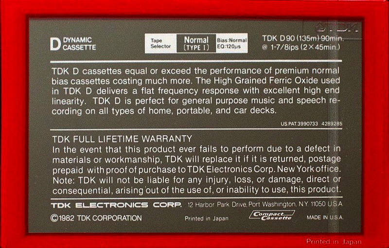 Compact Cassette TDK D 90 Type I Normal 1982 USA