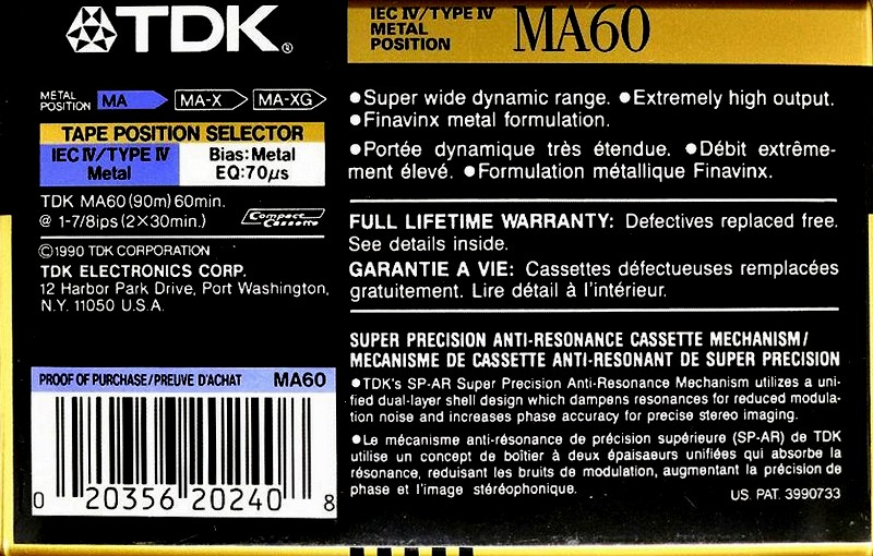 Compact Cassette TDK MA 60 Type IV Metal 1990 North America