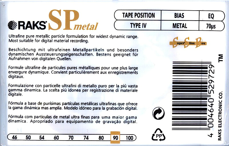 Compact Cassette RAKS SP Metal 90 Type IV Metal 1996 Europe