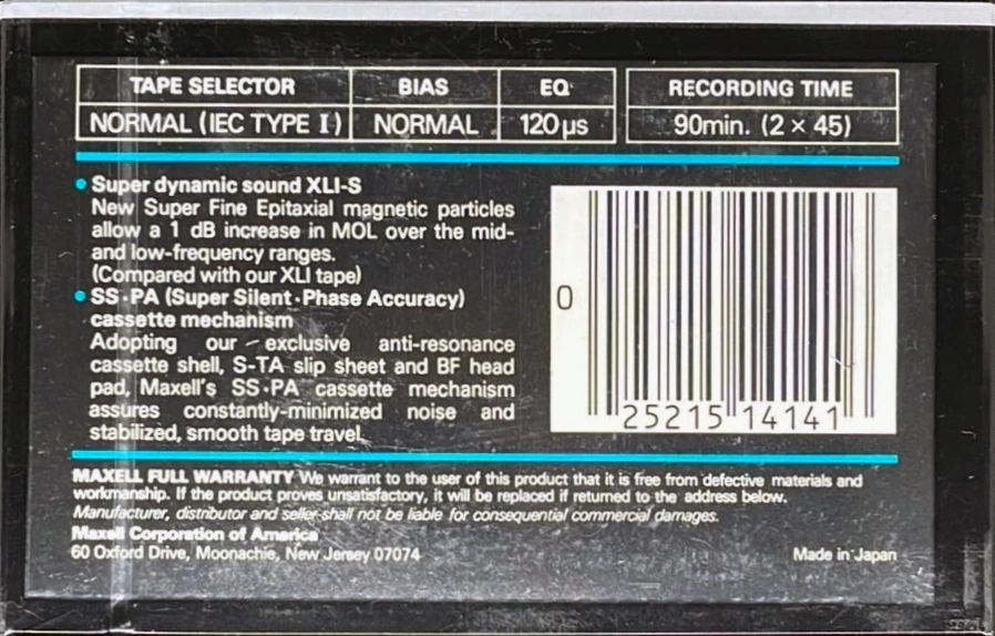 Compact Cassette Maxell XLI-S 90 Type I Normal 1986 USA