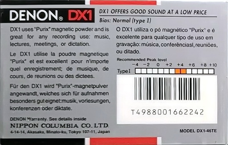 Compact Cassette Denon DX1 46 "DX1-46TE" Type I Normal 1992 Europe