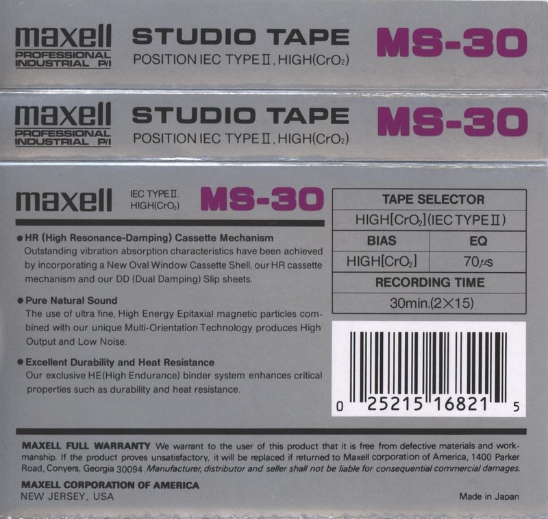 Compact Cassette Maxell Studio Tape MS 30 Type II Chrome 1993 USA