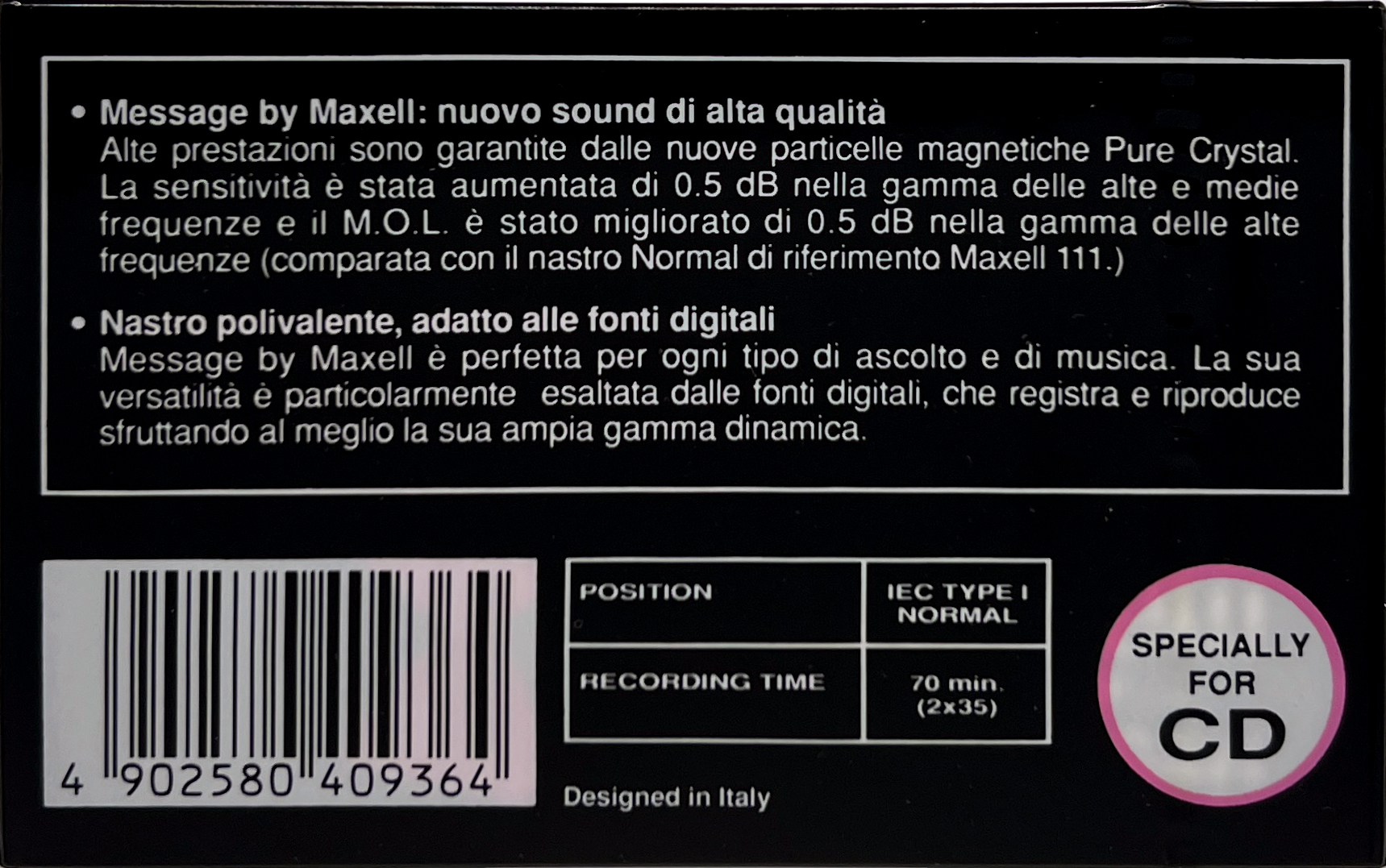 Compact Cassette Maxell Message 70 Type I Normal 1991 Italy